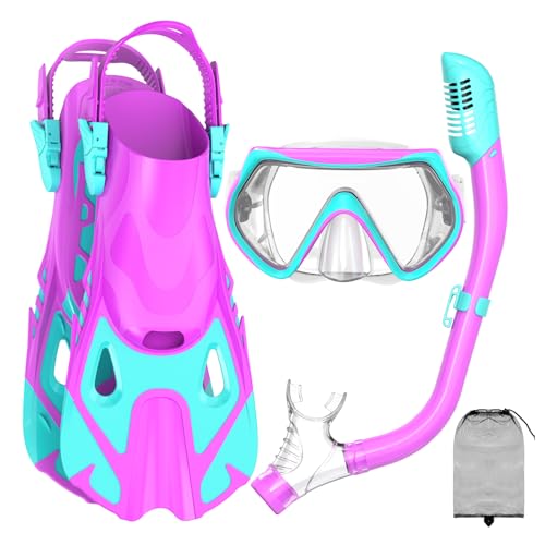 Snorkeling Gear for Kids, Kid Mask Fins Dry Top Snorkel Set, Youth Boys Girls Junior Age 6-14 Swimming Diving Swim Fins, Tempered Glass Panoramic View Travel Packages