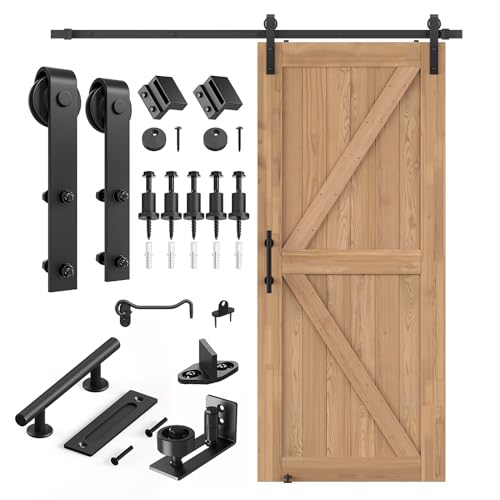 Image of SMARTSTANDARD 36 inch x 84 inch Carbonized Sliding Barn Door with 6.6FT Hardware Kit Included, Assembly Required, Lockable, Thermally Modified Wood, Brown