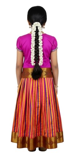 Image of Girls Traditional Silk Pavadai Sattai Lehenga Choli with Waist Belt | Ethnic Festival Wear for Girls, Perfect for Weddings, Pongal, Religious & Special Occasions