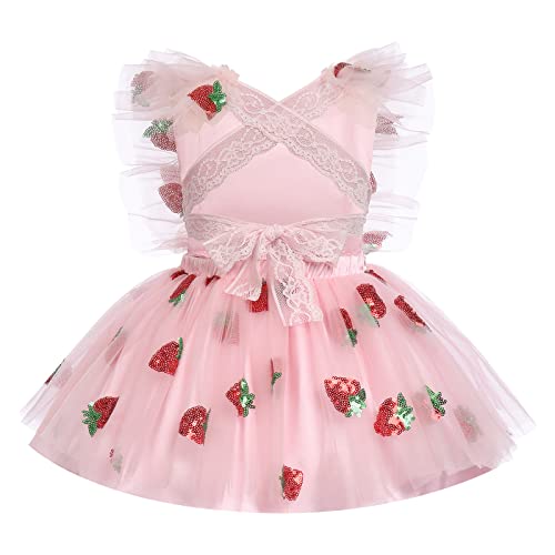 Toddler Baby Girls Sleeveless Backless Strawberry Mesh Tulle Dress Headband Little Girl Christmas Holiday Ruffle Tutu Dress Sundress Birthday Party Princess Dresses 2Pcs Summer Outfit Pink 12-18M #TOP2