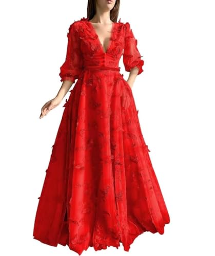 Long Tulle Prom Dresses V Neck Puffy Long Sleeve Formal Evening Gowns A Line Floor Length Party Dress with Pockets