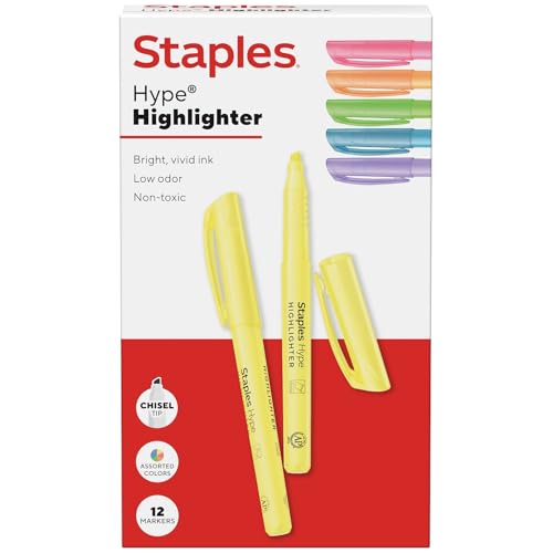 STAPLES Stick Highlighters, Chisel Tip, Assorted Colors, 12 
