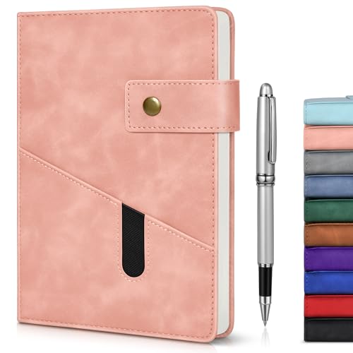 Image of Lined Journal Notebook with Pen, A5 Personalized Hardcover Leather Journal for Men Women, 200 Pages 100 GSM Thick Paper College Ruled Notebooks for Work Travel School Writing Diary 5.9 inch X 8.4 inch Pink