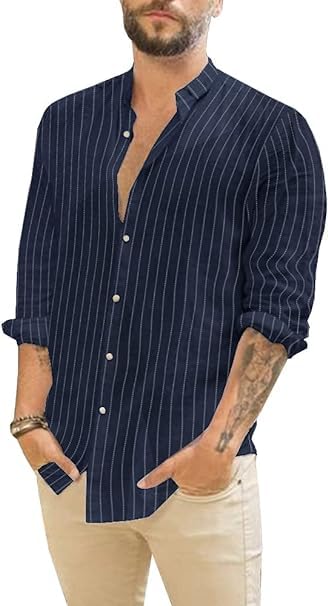 Runcati Leinenhemd Herren Hemd Sommer Langarmhemd Gestreifte Freizeithemden Baumwolle Shirt Regular Fit Strandhemd Dunkelblau XL