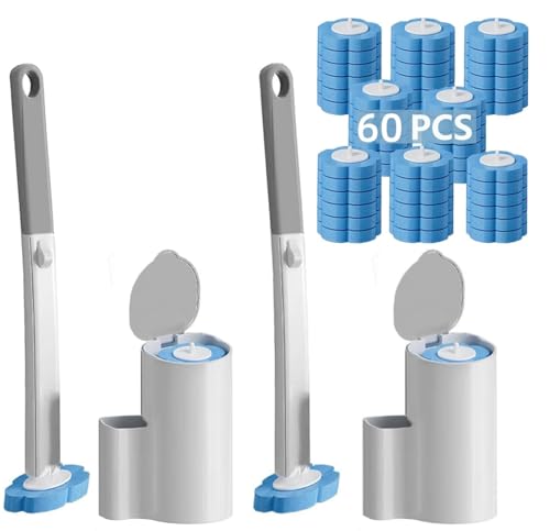 2 Pack Disposable Toilet Brush and Holder Set Extended Handle with 60 Cleaner Refills Toilet Brush for Toilet Bowl Cleaners Bathroom Cleaning Bathtub - Blue (Ocean Fresh Scent)