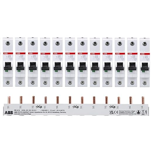 ABB Leitungsschutzschalter Set, 12 Stück mit Phasenschiene, 16A, 3-polig, DIN-Schiene Montage