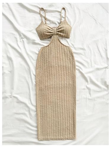 Image of SHENHE Women's Vacation Sexy Cutout Waist Split Camisole Textured Bodycon Summer Dress Apricot Large