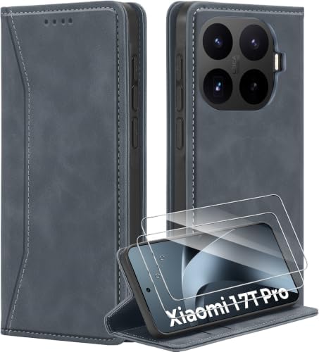 Deisyzy Lederhülle für Xiaomi 17T Pro Hülle, Grau | 2 Schutzfolie Premium Leder Handyhülle Kartenfach Klapphülle Standfunktion Flip Wallet Case Stoßfest Hülle mit Xiaomi 17T Pro