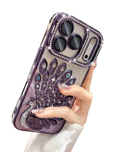 Image of mobistyle Designed for iPhone 17 Pro,3D Diamond Luxury Electroplate Glitter Peacock Tail Bling Design Camera Protection Shockproof Phone Back Cover Case for (Purple, iPhone 17 Pro)