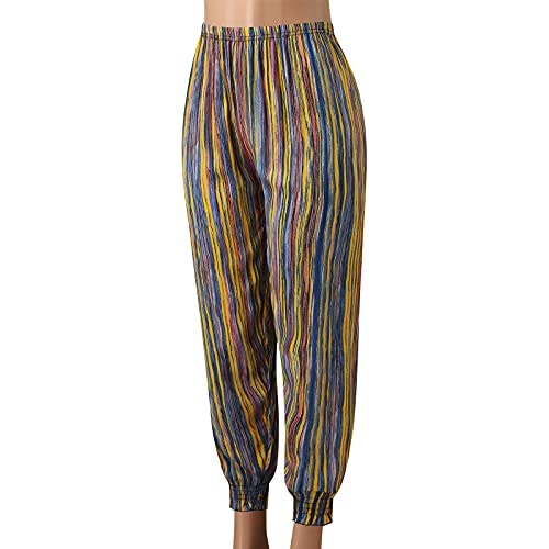 Qwent Calças casuais femininas calças de praia com estampa boêmia calças femininas rosa boca de sino