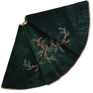XSem Holly Leaf Embroidered Velvet Christmas Tree Skirt with Pleat Velvet Border 50 Dark Green 50 inch