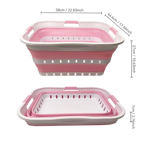 Image of SAMMART 42 (11 Gallons) Collapsible Plastic Laundry Basket, Foldable Pop Up Storage Container /Organizer, Space Saving Hamper, Portable Bin for Dorm Room Bathroom (1, White /Cherry Pink)
