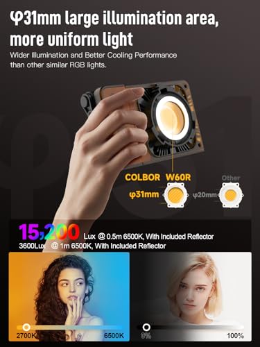 Image of COLBOR W60R RGB Video Light, 60W 2700-6500K Full Color Pocket COB Continuous Output Lighting LED Studio Light CRI97+ TLCI98+ with APP Control for Photography