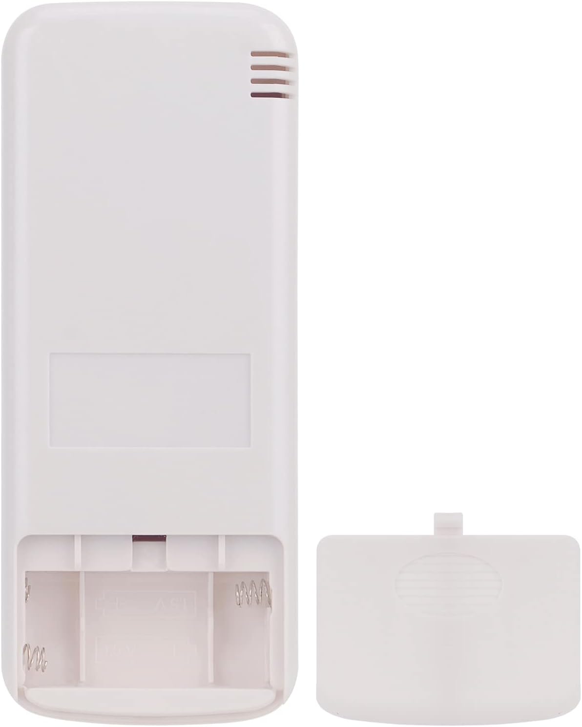 Back of the remote control with the battery compartment open, showing slots for two AAA batteries.