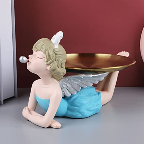 DONGSHUAI Creative Ange Fille Figurine Ornements avec Plateau De Rangement, Plateau Décor De Serveuse Bubble Gum, Exquis Ange Fille Décor De Bureau Plateau De Bonbons,Bleu Cover