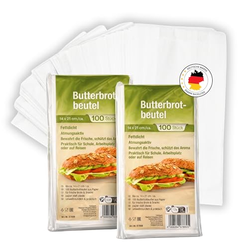 200 Stk Frühstückstüten aus Papier - Fettdichte Beutel für Toast Brot Brötchen Obst - Größe: 14 x 21 cm