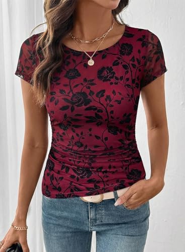 SHEWIN Womens Shirts Crew Neck Womens Short Sleeve Tops Casual Floral Mesh Top Women Lightweight Shirts for Women Pullover Spring Tops for Women,(US 4-6) S,Purple - image 3