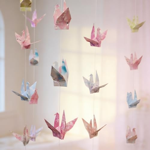 Image of Pink Cherry Blossom Crane Paper Hanging Garland(3stringsX 5.2ft), Japanese Origami Bird Streamers, Sakura Flower for Bridal Shower, Baby Shower Birthday Party Supplies. Garden Ceiling Decor