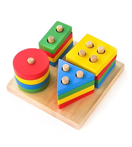 Image of SHINETOY ENTERTAIN KIDS Wooden Stackable Blocks & Shape Sorting Board | Geometric Shape Stacker | Eco-Friendly & Non-Toxic Wooden Toy | Early Childhood Development Toys for Fine Motor Skills, 16 Pcs