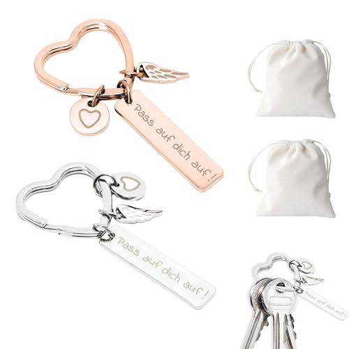 4 Pezzi Portachiavi Set, Regalo Con 2 Colori E Tasche Con Cordoncino, Portafortuna In Acciaio Inossidabile Con Tedesco "Pass Auf Dich Auf!" Con Angelo Custode Per Compleanni, Donne