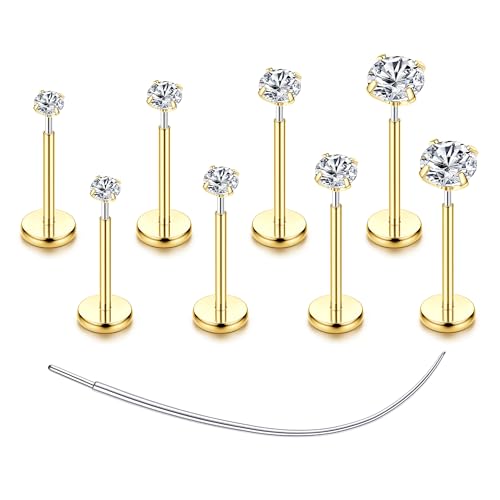 Flat Back Earrings Stud G23 Titanium Threadless Piercing Kit - Cartilage Earrings for Women Men - Hypoallergenic Tragus | Conch | Rook | Daith | Medusa | Lip | Labret | Nose Piercings Jewelry