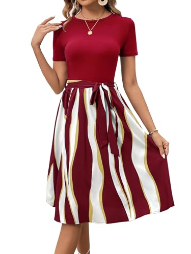 Image of Women's Elegant Vintage Round Neck Short Sleeve Summer Casual Work Party A-Line Dress with Belt 809