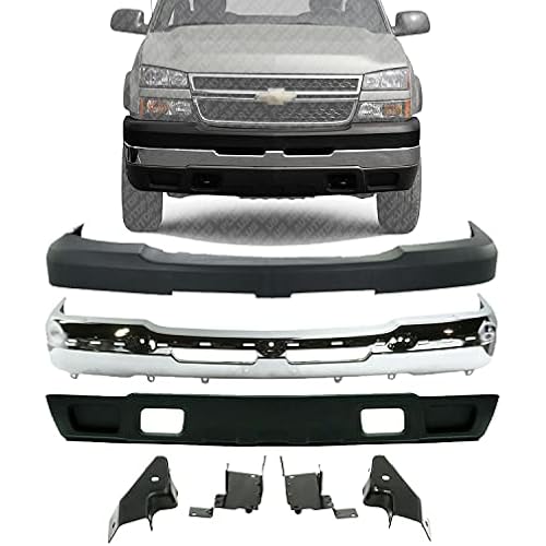Front Bumper Chrome Steel+Upper Cover+Lower Valance Textured+Bracket Set Left Right Side 2003-2006 Chevrolet Silverado 2500HD 3500 Direct Replacement GM1002416 GM1051109 GM1061101