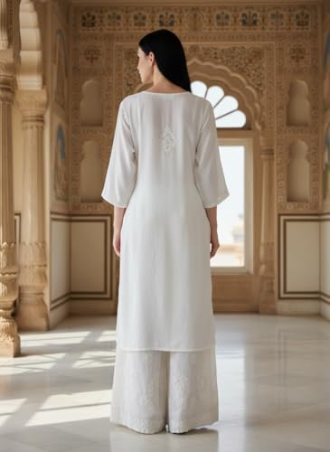 Image of Fashion Chikan Art Women's Lucknowi Premium Chanderi Silk Hand-Embroidered Chikankari Kurti & Palazzo Set | Elegant Festive & Casual Wear Ethnic Suit