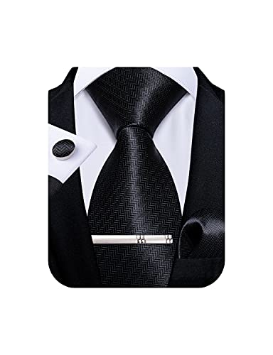 DiBanGu Mens Silk Necktie Solid Color Tie and Pocket Square Cufflink Tie Clip Set Woven Plain Ties for Men Wedding Party, Dark Black