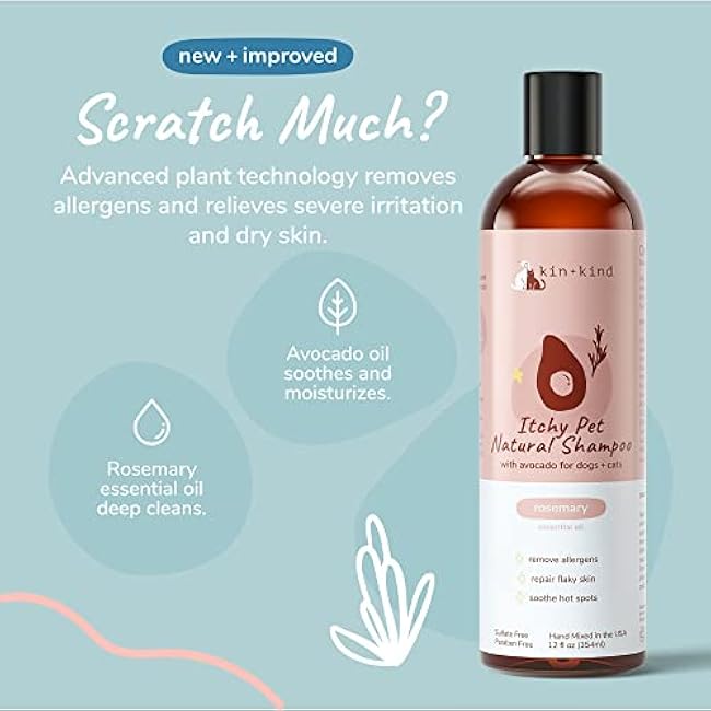kin+kind Anti-Itch Dog & Cat Shampoo for Itchy Skin and Allergies - Safe, Natural Formula with Olive, Coconut, and Avocado Oil - Made in The USA - Great for Dog Grooming and Cat Supplies (12 fl oz)-iozUsXfl