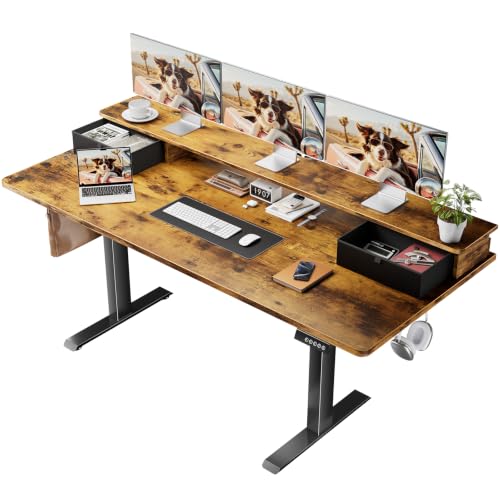 Image of Veken 63x28 in Electric Standing Desk with Drawers, Adjustable Table, Brown | Stand up Computer Desk for Home Office, Work & Study, with Storage, 3 Memory Presets, Cable Organizer, Hook, and Quiet Lift.