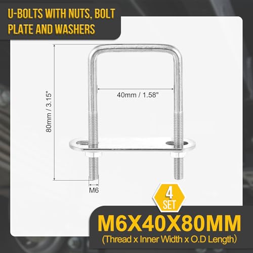 Image of DTGN M6x40x80mm U Bolts Square Kit - 4Set - 304 Stainless Steel U-Bolt Kit with Nuts, Washers, Frame Plate - Good for Pipe, Trailer, Automotive, Leaf Spring Fastener