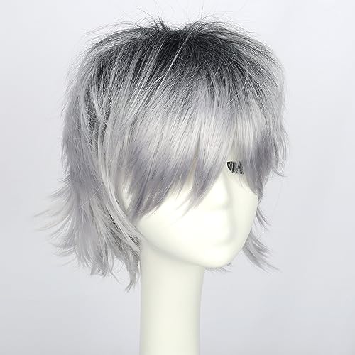 YEESHEDO Unisex Short Silver Grey Bob Anime Cosplay Character Wigs Full Natural Layer Straight Fluffy Hair Costume Party Fancy Dress Wig for Women Men Boy Girls - Image 2
