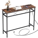 VECELO 39.4In Narrow Sofa/Console Table with Charging Station & Power Outlet and USB Ports, for Entryway, Living Room, Office, Industrial, Metal Frame, Rustic Brown