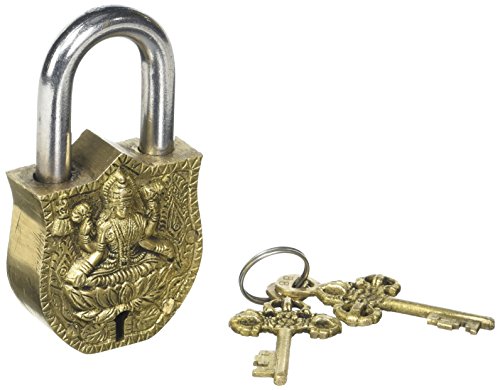 Image of Purpledip Handmade Brass Antique Pad Lock with Maa Laxmi Idol,Medium (10465)