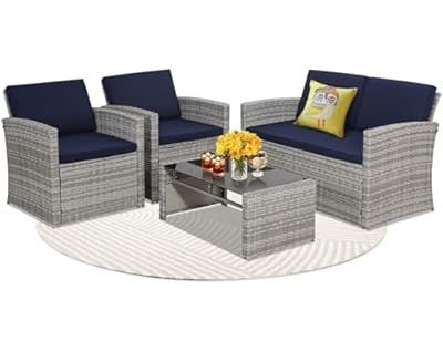 KROFEM 4 Pieces Patio Conversation Set, Outside Rattan Sectional Sofa, Cushioned Furniture Set, Wicker Sofa Ideal for Garden, Porch, Backyard, Grey Color Rattan and Blue Cushion