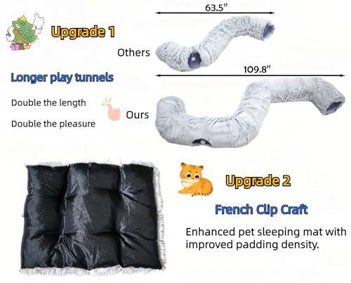 XxingSheep XL Cat Tunnel with Bed for Indoor Cats Peekaboo Cat Cave Donut Toy with Warm Mat,Yellow-Brown