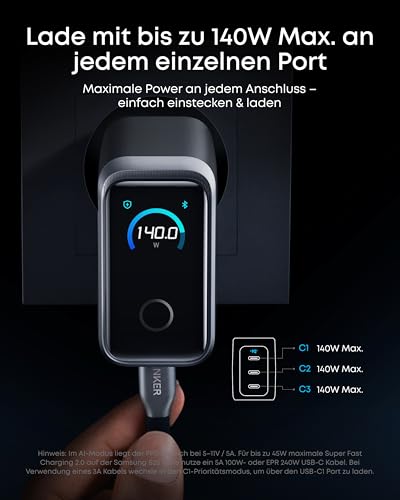 Anker Prime 160W USB C Ladegerät, kompakter GaN USB-C Ladeblock mit 3 Ports, Smart Display, Touch-Steuerung, Ultra-schnelles 140W Laden bei 1 Port, für Laptop, MacBook, iPad, iPhone 17/16/15 und mehr – Bild 5