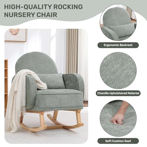 Image of HCHAIRH Rocking Chair with Ottoman, Upholstered Glider Rocker with footrest and Side Pocket, Comfy Chenille Reading Chair with Solid Wood Legs for Nursery, Living Room,Bedroom Pale Green