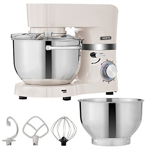 Arebos Stand Mixer 1500 W Cream | Kneading Machine with 2 x Stainless Steel Mixing Bowls | Low Noise | Food Processor & Kitchen Mixer with Mixing Hook, Dough Hook, Whisk and Splash Guard | 6 Speeds