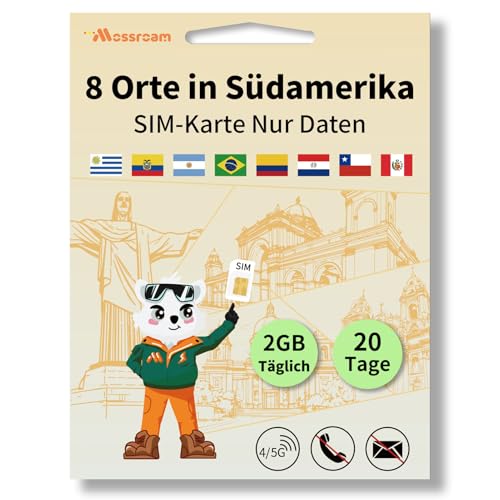 SIM-Karte für 8 Länder in Südamerika – Prepaid-Datentarife | 2 GB Daten täglich, 20 Tage | Highspeed-Internet | Ideal für Reisende