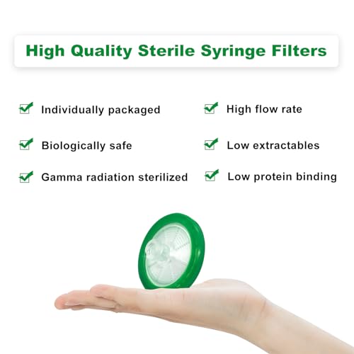 Image of 400Pcs Syringe Lab Filter, Sterile PES Hydrophilic Filters, 0.45um Pore Size, 33mm Membrane Diameter for Scientific Laboratory, Individually Packed