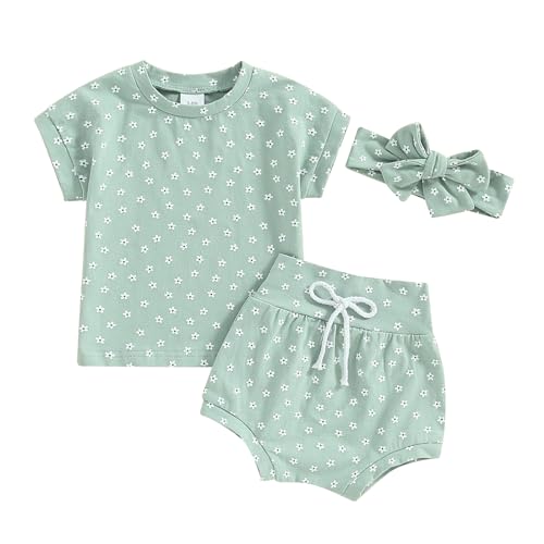 Image of FYBITBO Newborn Baby Girls Clothes Floral Short Sleeve T-Shirt Top Flower Shorts Headband Set Casual Infant Summer Outfits