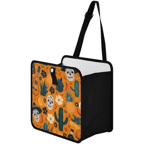 Image of Car Trash Can Organizer Bin with Adjustable Strap for Back Front Seat Console Waterproof Leakproof Collapsible Portable 11 Inch Orange Day Of The Dead Skull Cacti