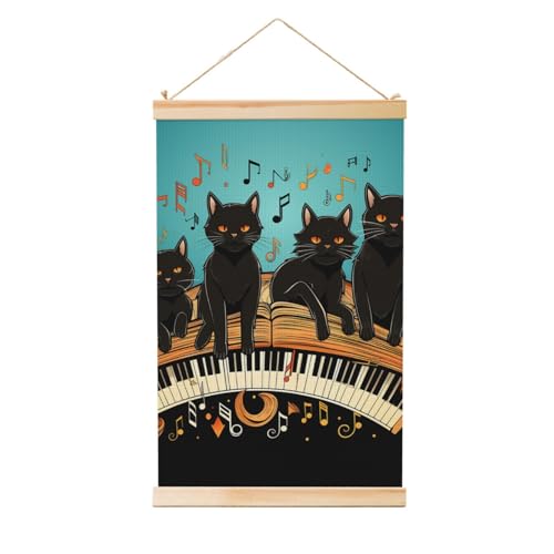 Poster chat piano 91x61 cm avec cadre bois suspendu pour deco salon
