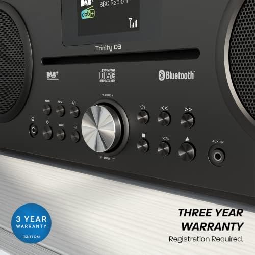DAB DAB+ Digital FM Radio, CD player, Bluetooth Stereo Speaker System, USB charger, USB MP3 player, Premium Sound, Alarm, Equalizer, Remote Control (AZATOM Trinity All Black)