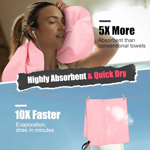 Haoteey Quick Dry Travel Towel, 3 Sizes 1 Pack Camping Microfiber Towel, Lightweight Fast Drying Towels Set 60\"x30\", 30\"x15\", 15\"x15\" w/Bag for Gym, Beach, Hiking, Swimming, Pink