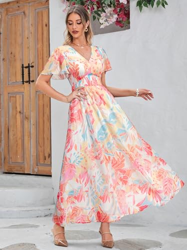 Image of Simplee Women's Boho Floral Maxi Dress Flowy Casual V Neck Short Sleeve Wedding Guest Holiday Beach Long Dress