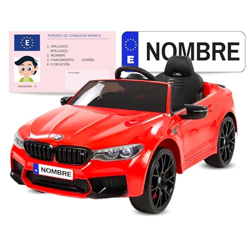 Coche Eléctrico para Niños BMW M5 - Matrícula y Carnet Personalizado - GALUMBA - Vehículo Infantil, Control Remoto, Cinturón, Ruedas de Goma EVA, Luces LED, Sonido Realista - Batería 12V (Rojo)