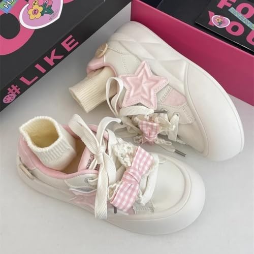 Kawaii Cute Starry Y2K Aesthetic Platform Sneakers for Girls - Thick Sole with Butterfly Bowknots and Star Details, Y2K Retro Pretty Pastel Design in Blue & Pink, Perfect for Student Travel3